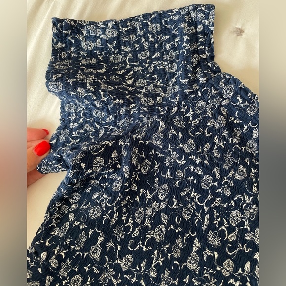 Smocked off the shoulder blue and white blouse - Picture 3 of 7